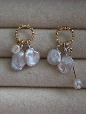 Gold Hoop Earrings with White Baroque Pearl Drops